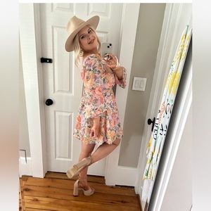 Showpo EBONEE MINI DRESS - PUFF SLEEVE CUT OUT DRESS IN FLOWER CROWN